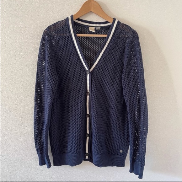5/$20 Roxy City Escape Navy White Stripe Button Open Knit Cardigan Sweater-M - Picture 2 of 12